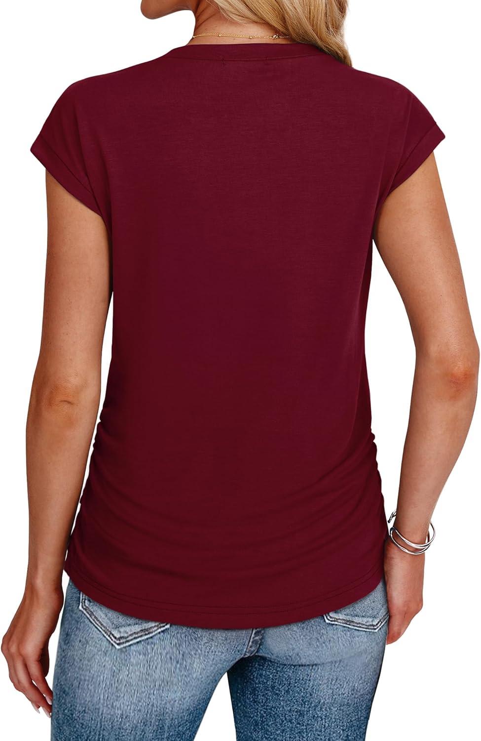 imageSAMPEEL Womens Summer Tops Trendy 2025 Ruched Cap Short Sleeve Tshirts Shirts Crew Neck T Shirts FashionBurgundy