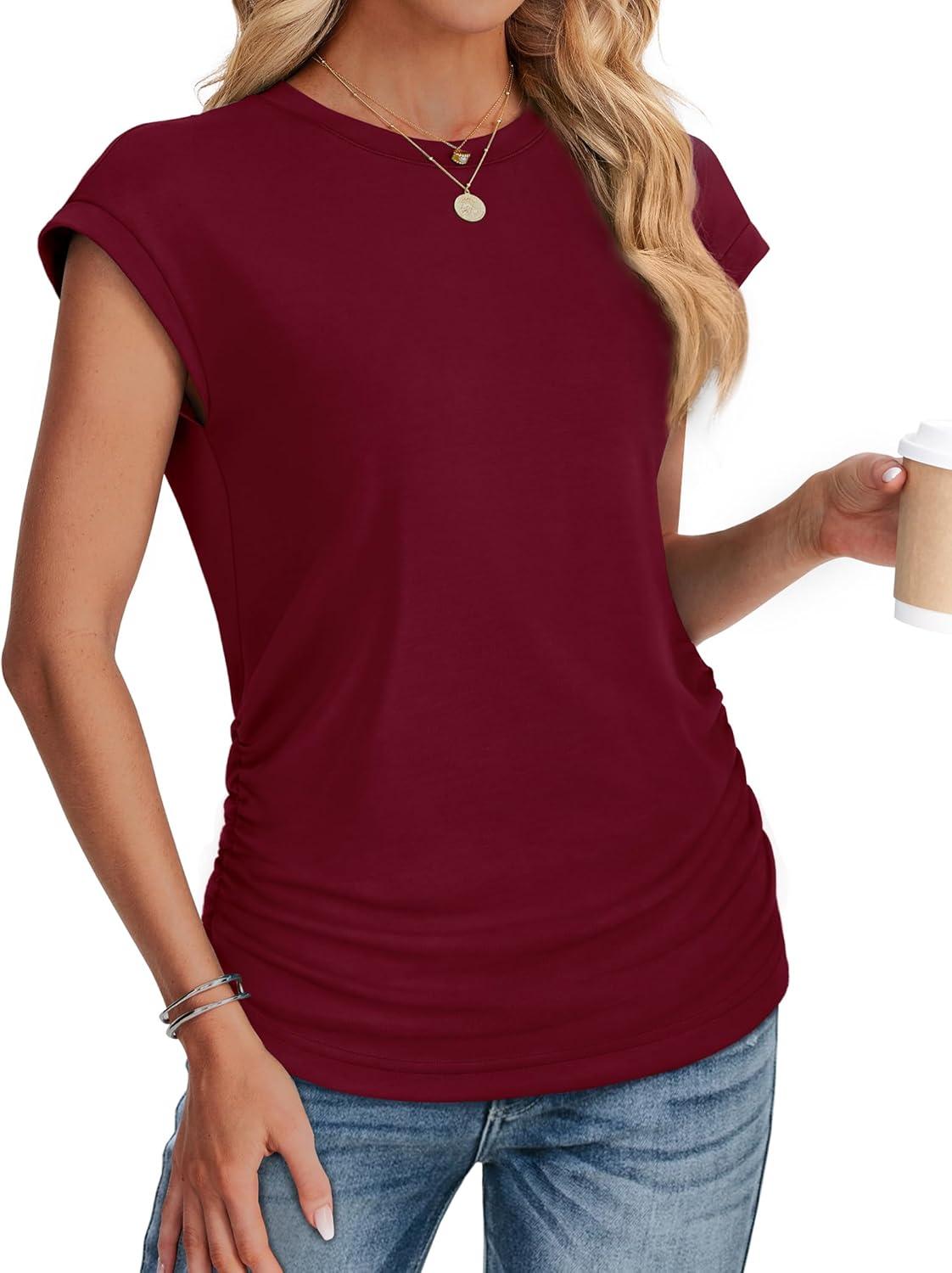 imageSAMPEEL Womens Summer Tops Trendy 2025 Ruched Cap Short Sleeve Tshirts Shirts Crew Neck T Shirts FashionBurgundy