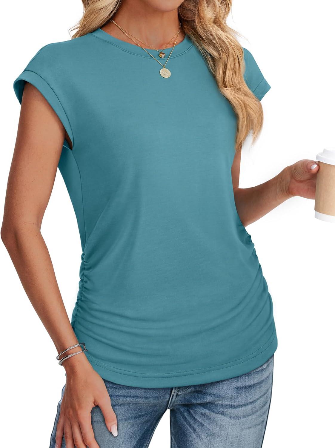 imageSAMPEEL Womens Summer Tops Trendy 2025 Ruched Cap Short Sleeve Tshirts Shirts Crew Neck T Shirts FashionCadet Blue