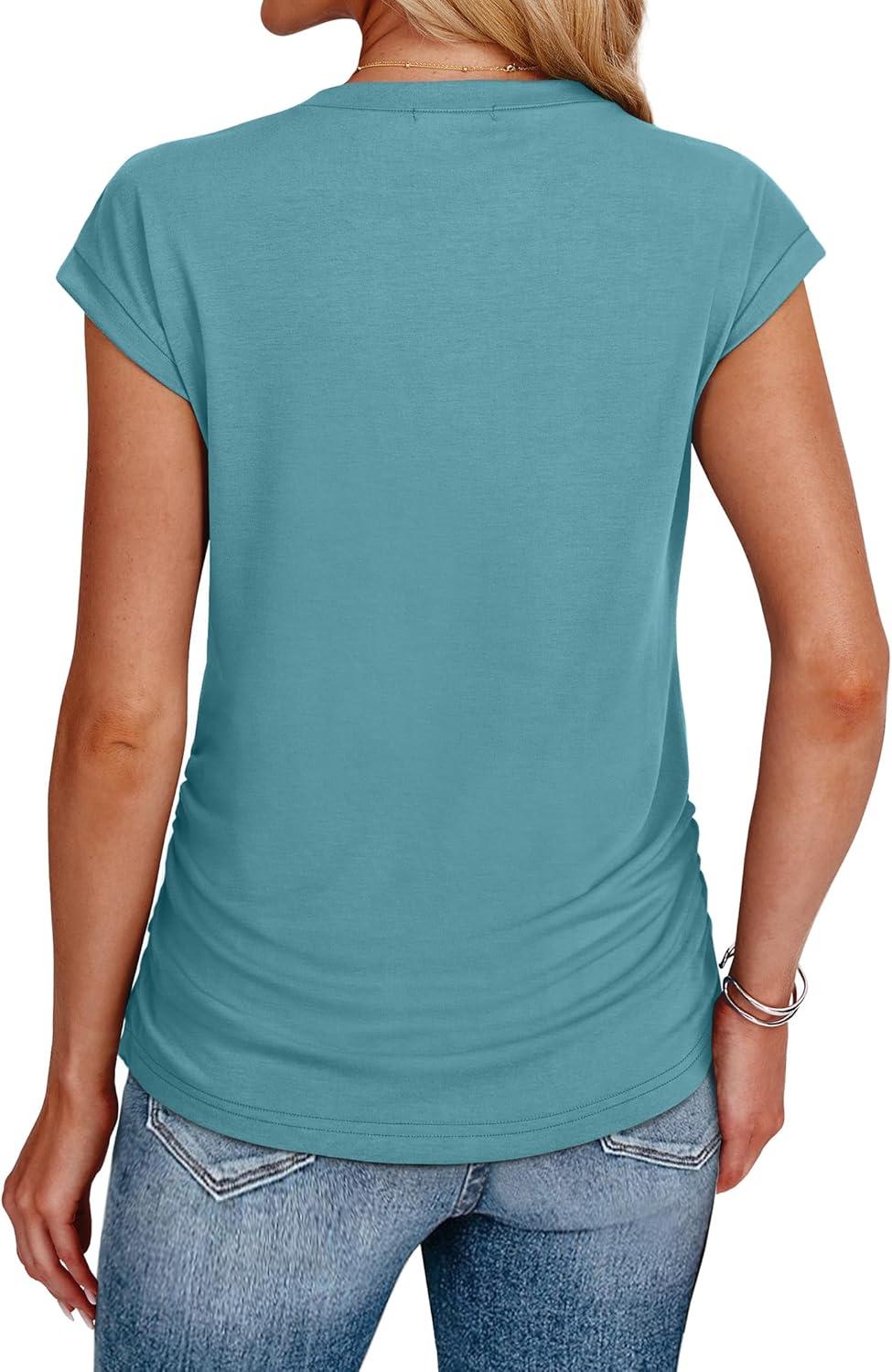 imageSAMPEEL Womens Summer Tops Trendy 2025 Ruched Cap Short Sleeve Tshirts Shirts Crew Neck T Shirts FashionCadet Blue