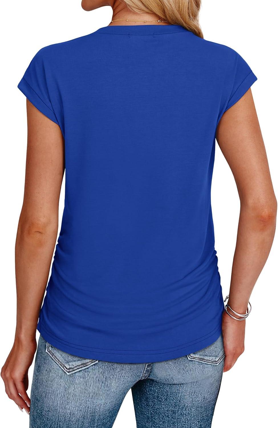 imageSAMPEEL Womens Summer Tops Trendy 2025 Ruched Cap Short Sleeve Tshirts Shirts Crew Neck T Shirts FashionClassic Royal Blue