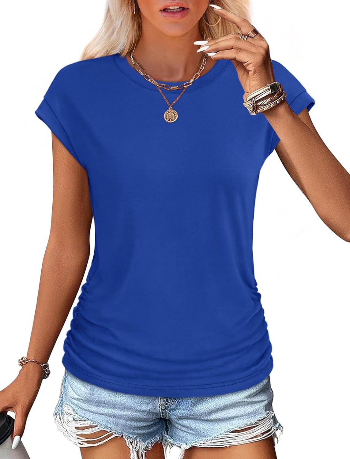 imageSAMPEEL Womens Summer Tops Trendy 2025 Ruched Cap Short Sleeve Tshirts Shirts Crew Neck T Shirts FashionClassic Royal Blue