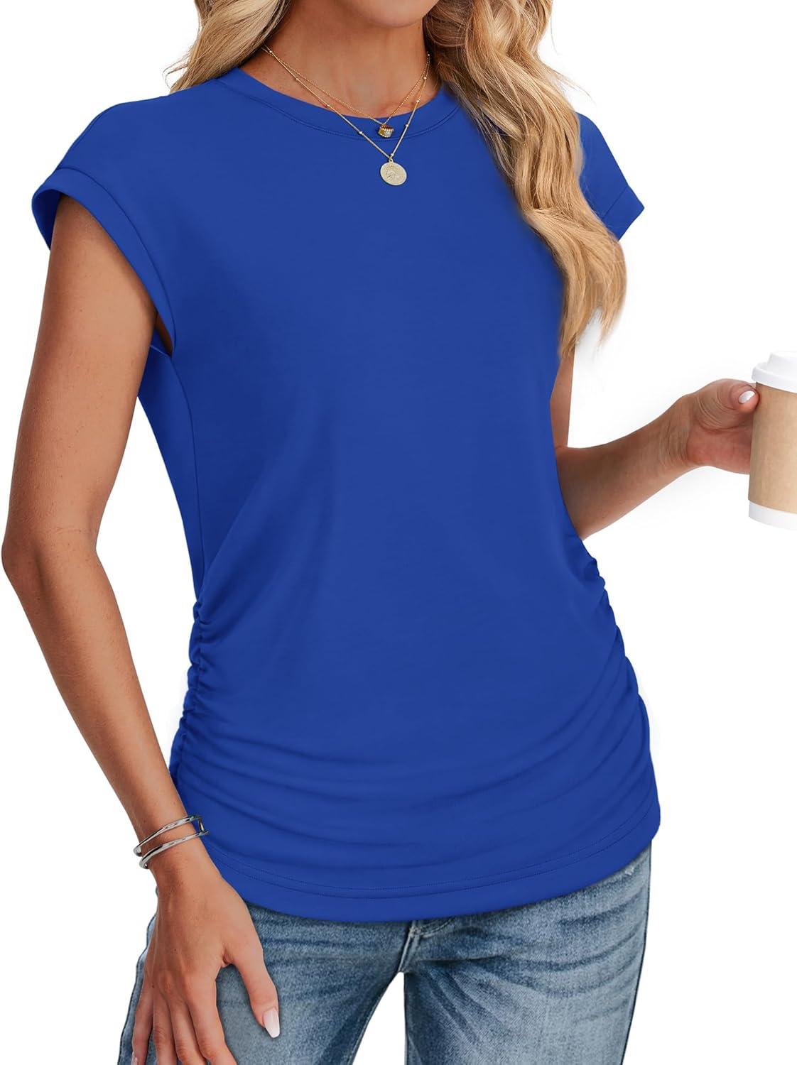 imageSAMPEEL Womens Summer Tops Trendy 2025 Ruched Cap Short Sleeve Tshirts Shirts Crew Neck T Shirts FashionClassic Royal Blue