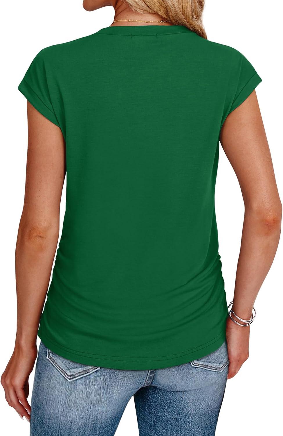 imageSAMPEEL Womens Summer Tops Trendy 2025 Ruched Cap Short Sleeve Tshirts Shirts Crew Neck T Shirts FashionGreen