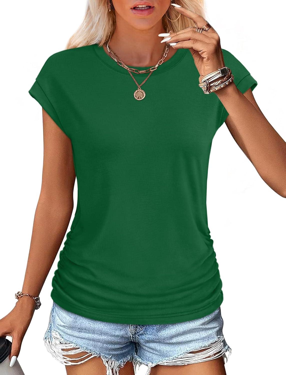 imageSAMPEEL Womens Summer Tops Trendy 2025 Ruched Cap Short Sleeve Tshirts Shirts Crew Neck T Shirts FashionGreen