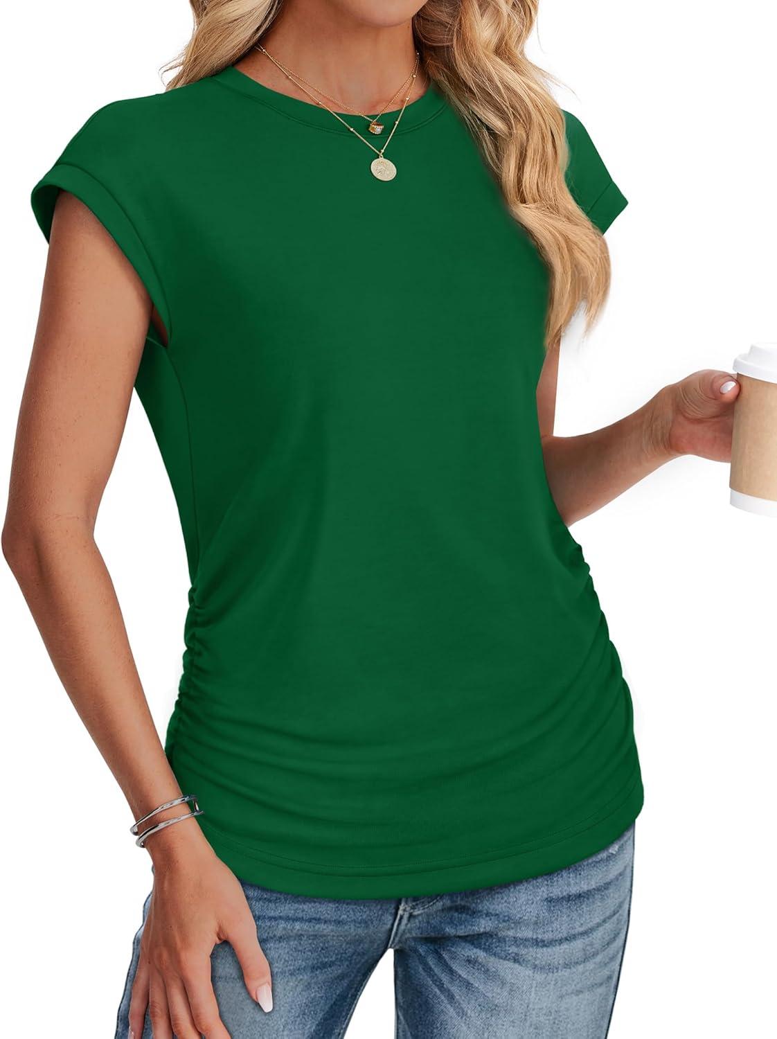 imageSAMPEEL Womens Summer Tops Trendy 2025 Ruched Cap Short Sleeve Tshirts Shirts Crew Neck T Shirts FashionGreen