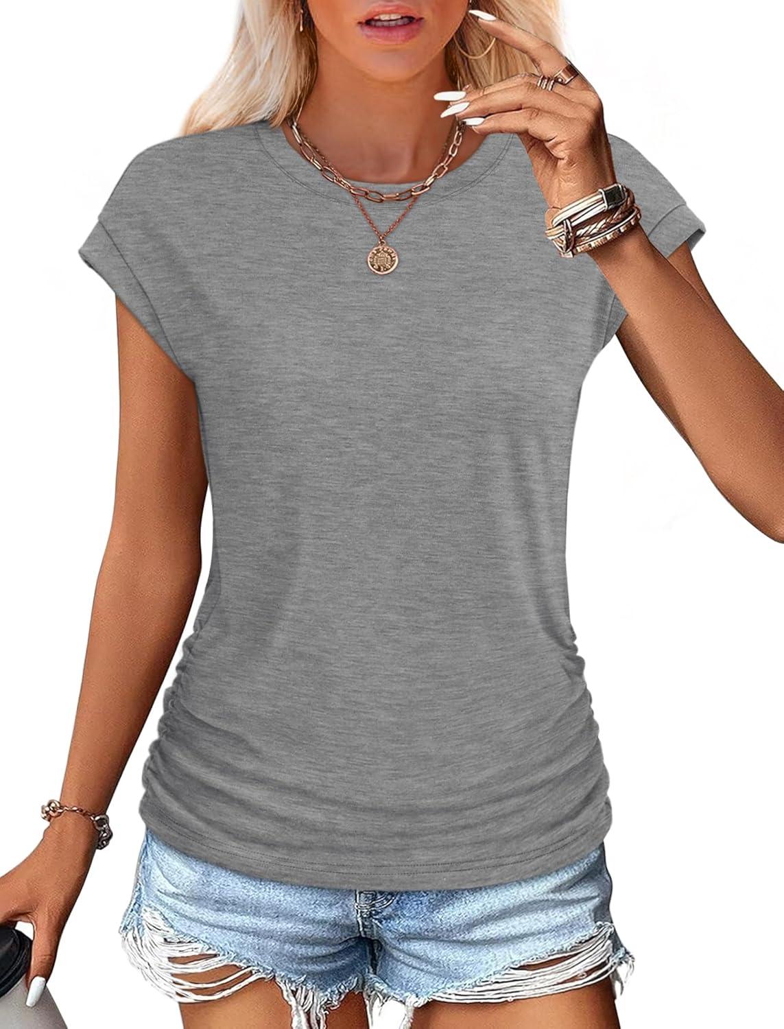 imageSAMPEEL Womens Summer Tops Trendy 2025 Ruched Cap Short Sleeve Tshirts Shirts Crew Neck T Shirts FashionGrey