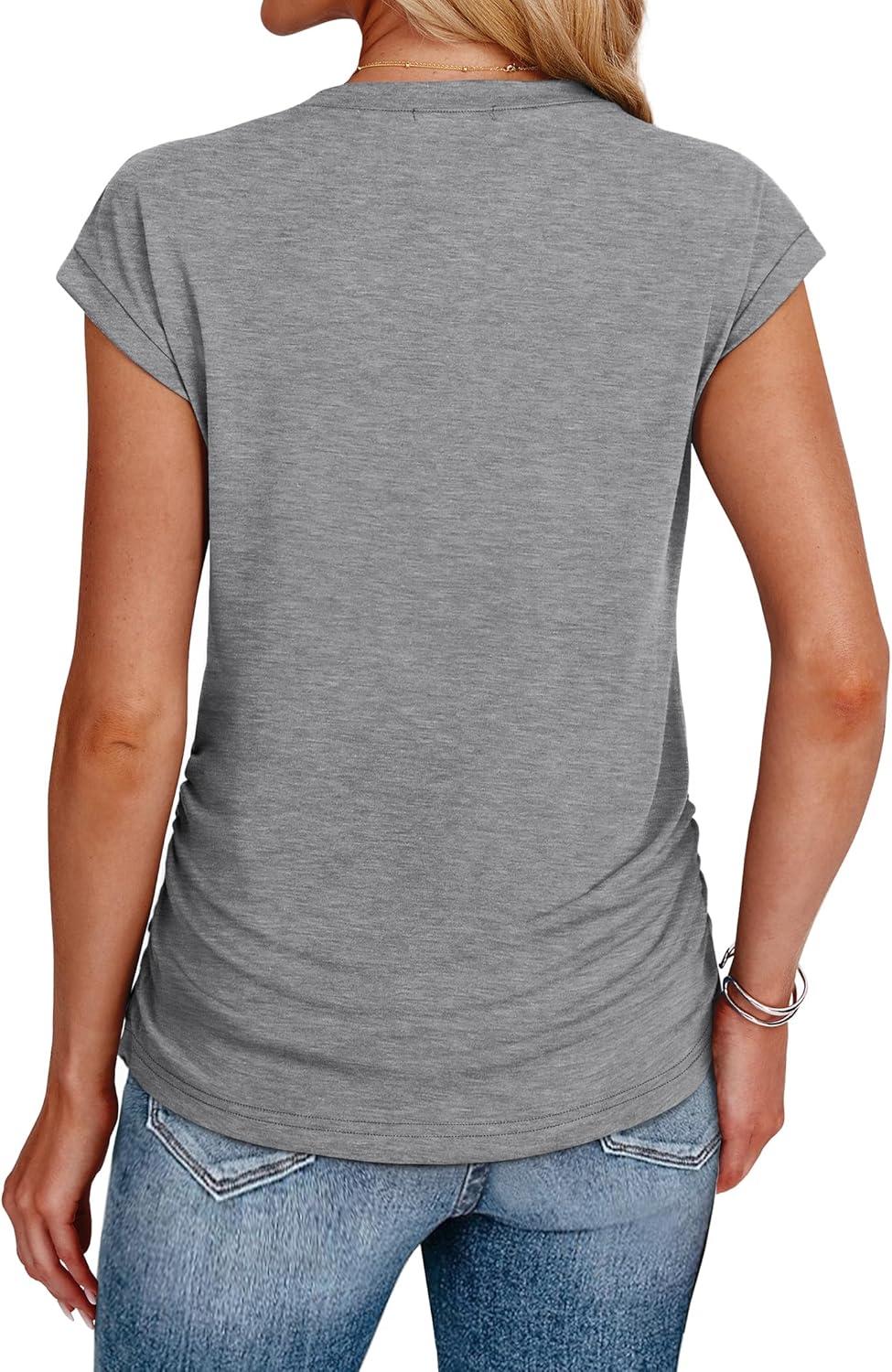 imageSAMPEEL Womens Summer Tops Trendy 2025 Ruched Cap Short Sleeve Tshirts Shirts Crew Neck T Shirts FashionGrey