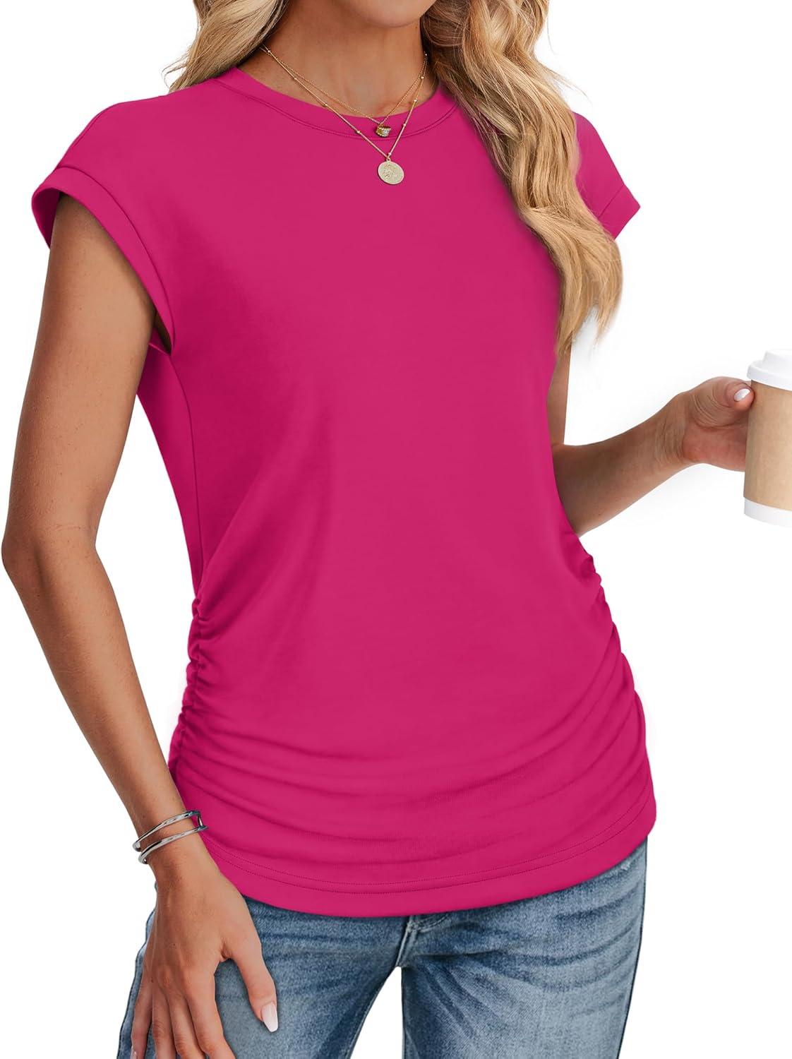 imageSAMPEEL Womens Summer Tops Trendy 2025 Ruched Cap Short Sleeve Tshirts Shirts Crew Neck T Shirts FashionHot Pink