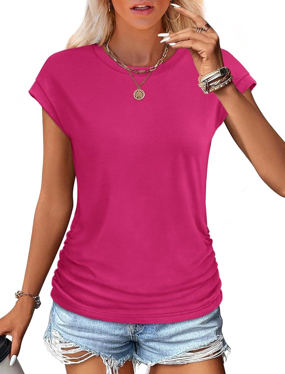 imageSAMPEEL Womens Summer Tops Trendy 2025 Ruched Cap Short Sleeve Tshirts Shirts Crew Neck T Shirts FashionHot Pink