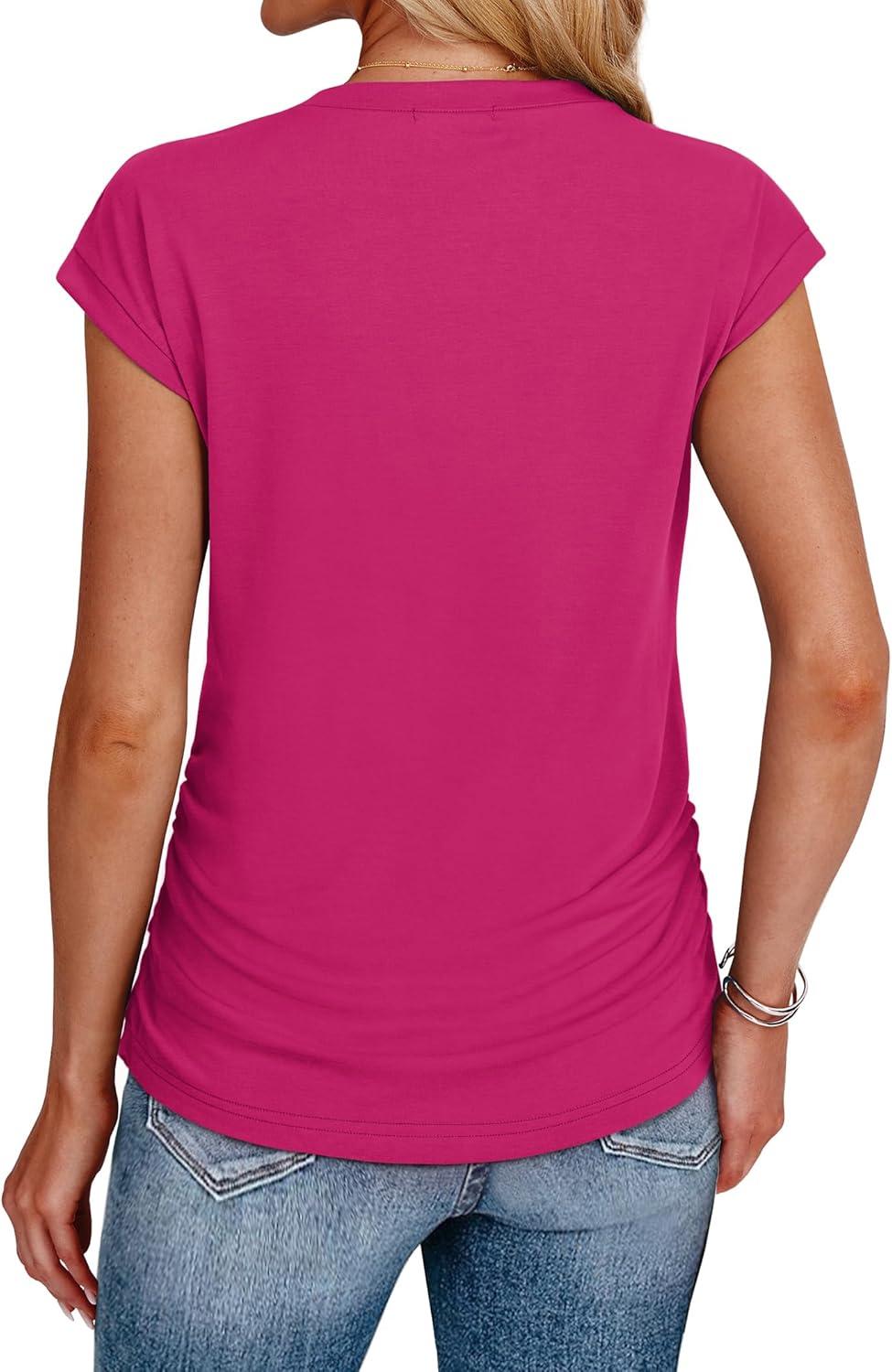 imageSAMPEEL Womens Summer Tops Trendy 2025 Ruched Cap Short Sleeve Tshirts Shirts Crew Neck T Shirts FashionHot Pink