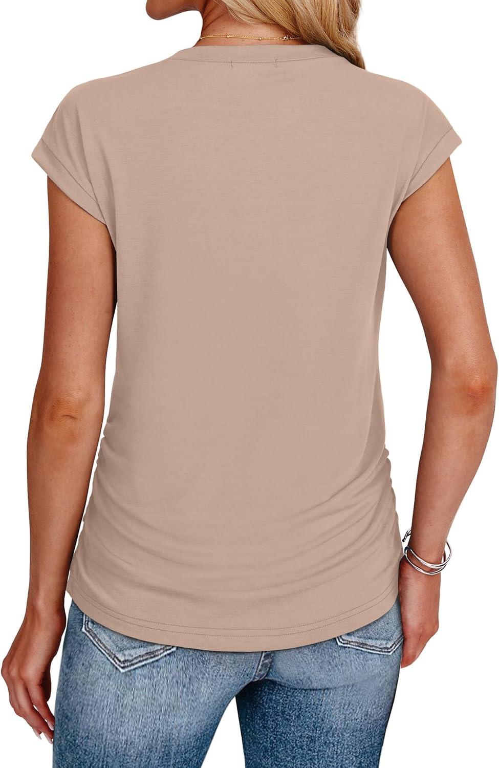 imageSAMPEEL Womens Summer Tops Trendy 2025 Ruched Cap Short Sleeve Tshirts Shirts Crew Neck T Shirts FashionKhaki
