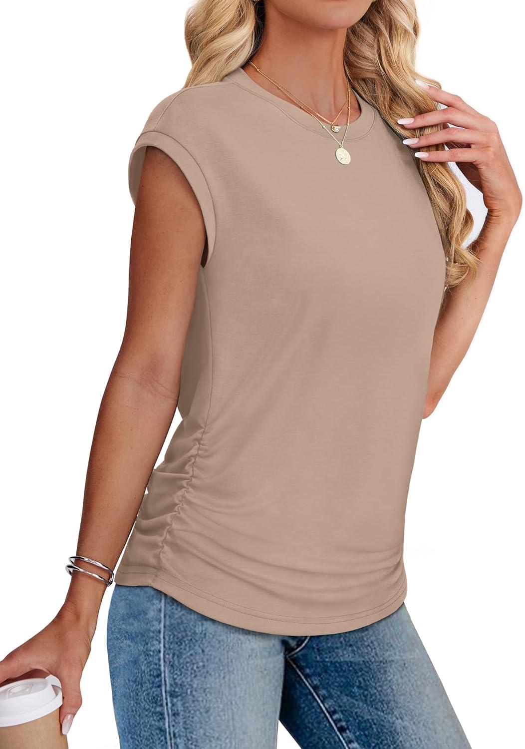 imageSAMPEEL Womens Summer Tops Trendy 2025 Ruched Cap Short Sleeve Tshirts Shirts Crew Neck T Shirts FashionKhaki