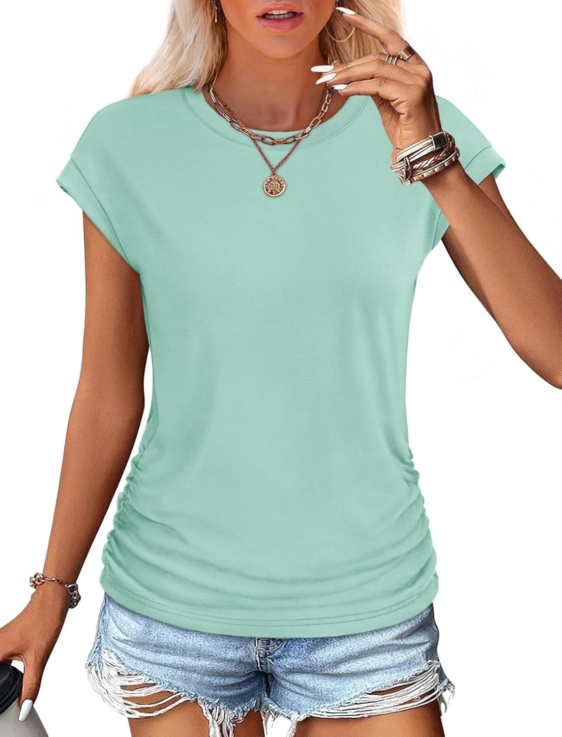 imageSAMPEEL Womens Summer Tops Trendy 2025 Ruched Cap Short Sleeve Tshirts Shirts Crew Neck T Shirts FashionLake Green