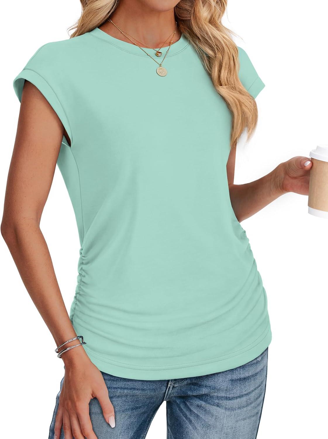 imageSAMPEEL Womens Summer Tops Trendy 2025 Ruched Cap Short Sleeve Tshirts Shirts Crew Neck T Shirts FashionLake Green
