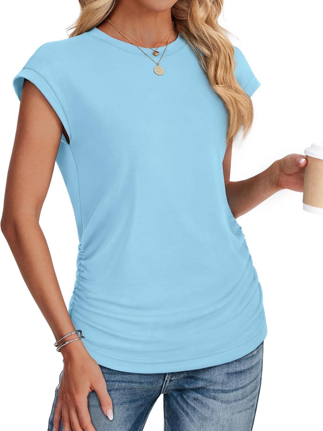 imageSAMPEEL Womens Summer Tops Trendy 2025 Ruched Cap Short Sleeve Tshirts Shirts Crew Neck T Shirts FashionMint Blue