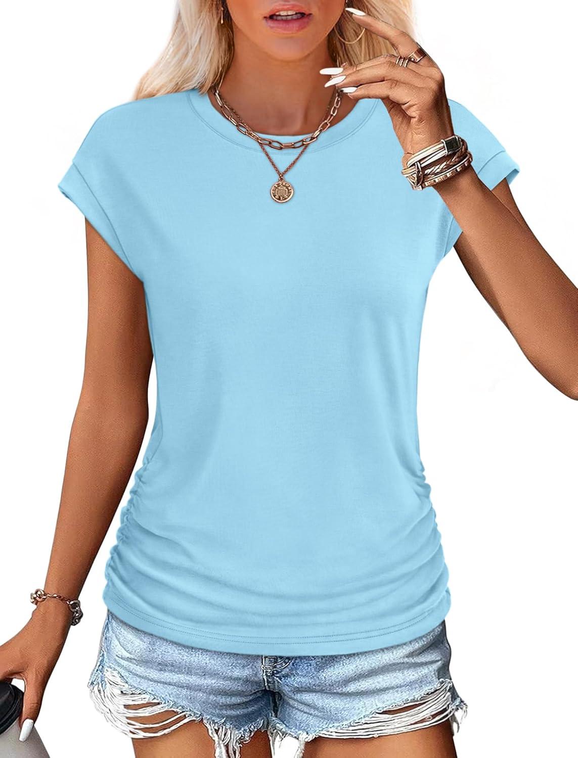 imageSAMPEEL Womens Summer Tops Trendy 2025 Ruched Cap Short Sleeve Tshirts Shirts Crew Neck T Shirts FashionMint Blue