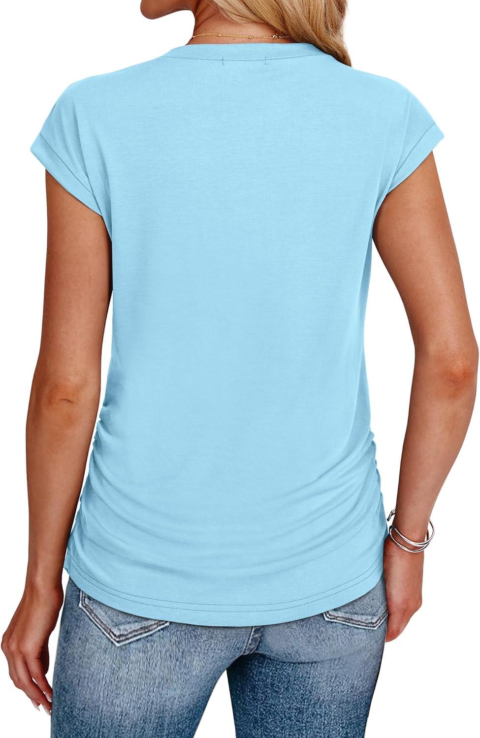imageSAMPEEL Womens Summer Tops Trendy 2025 Ruched Cap Short Sleeve Tshirts Shirts Crew Neck T Shirts FashionMint Blue