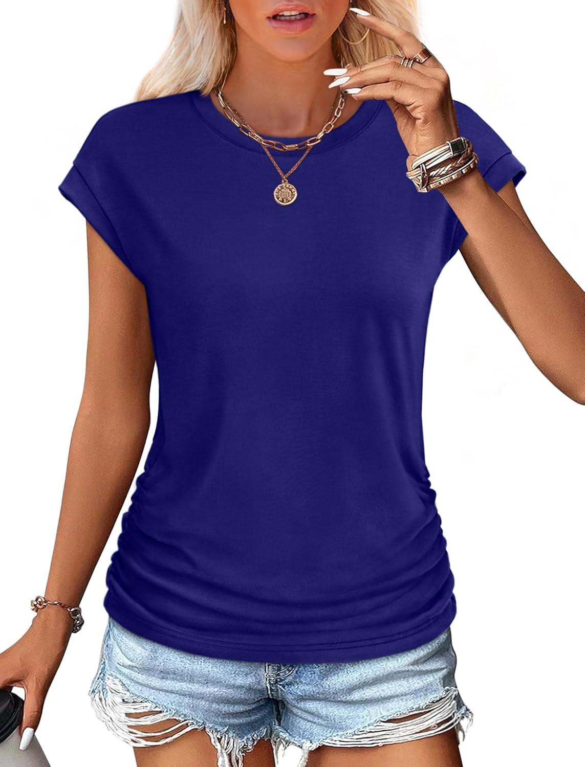 imageSAMPEEL Womens Summer Tops Trendy 2025 Ruched Cap Short Sleeve Tshirts Shirts Crew Neck T Shirts FashionNavy