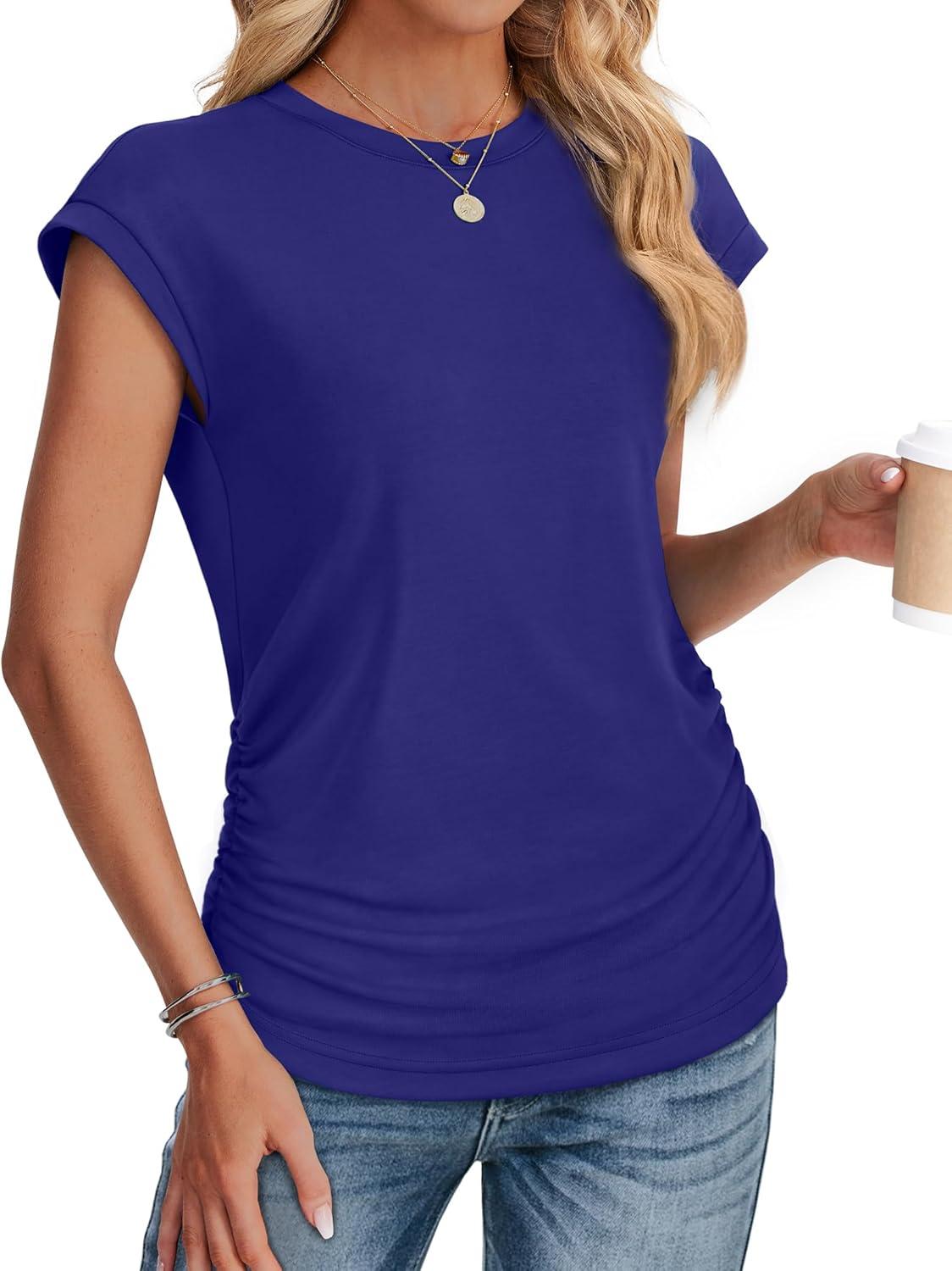 imageSAMPEEL Womens Summer Tops Trendy 2025 Ruched Cap Short Sleeve Tshirts Shirts Crew Neck T Shirts FashionNavy