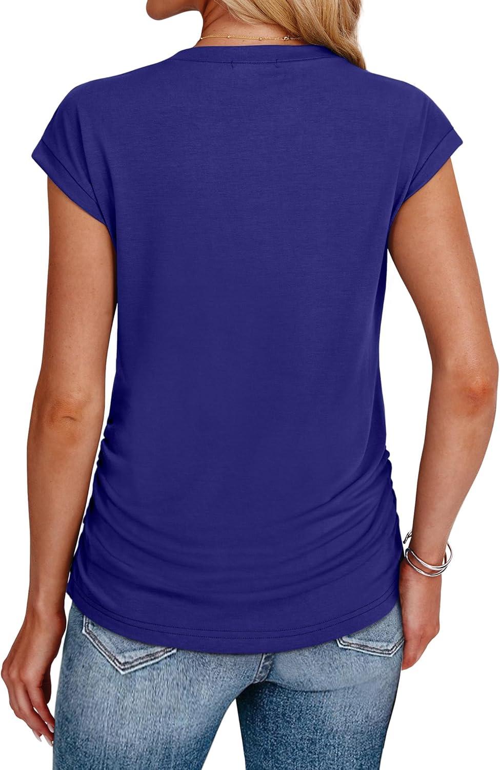 imageSAMPEEL Womens Summer Tops Trendy 2025 Ruched Cap Short Sleeve Tshirts Shirts Crew Neck T Shirts FashionNavy