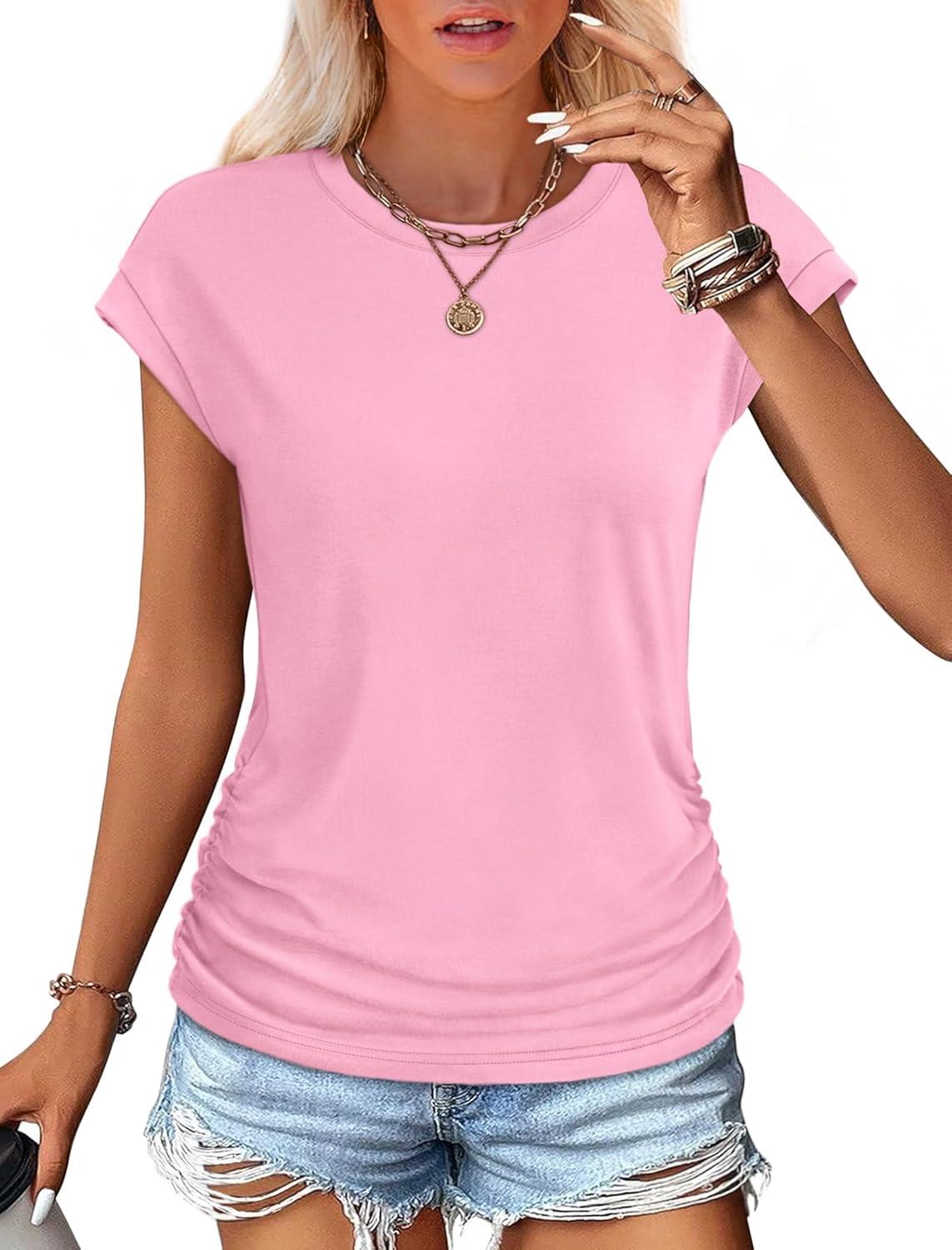 imageSAMPEEL Womens Summer Tops Trendy 2025 Ruched Cap Short Sleeve Tshirts Shirts Crew Neck T Shirts FashionPink
