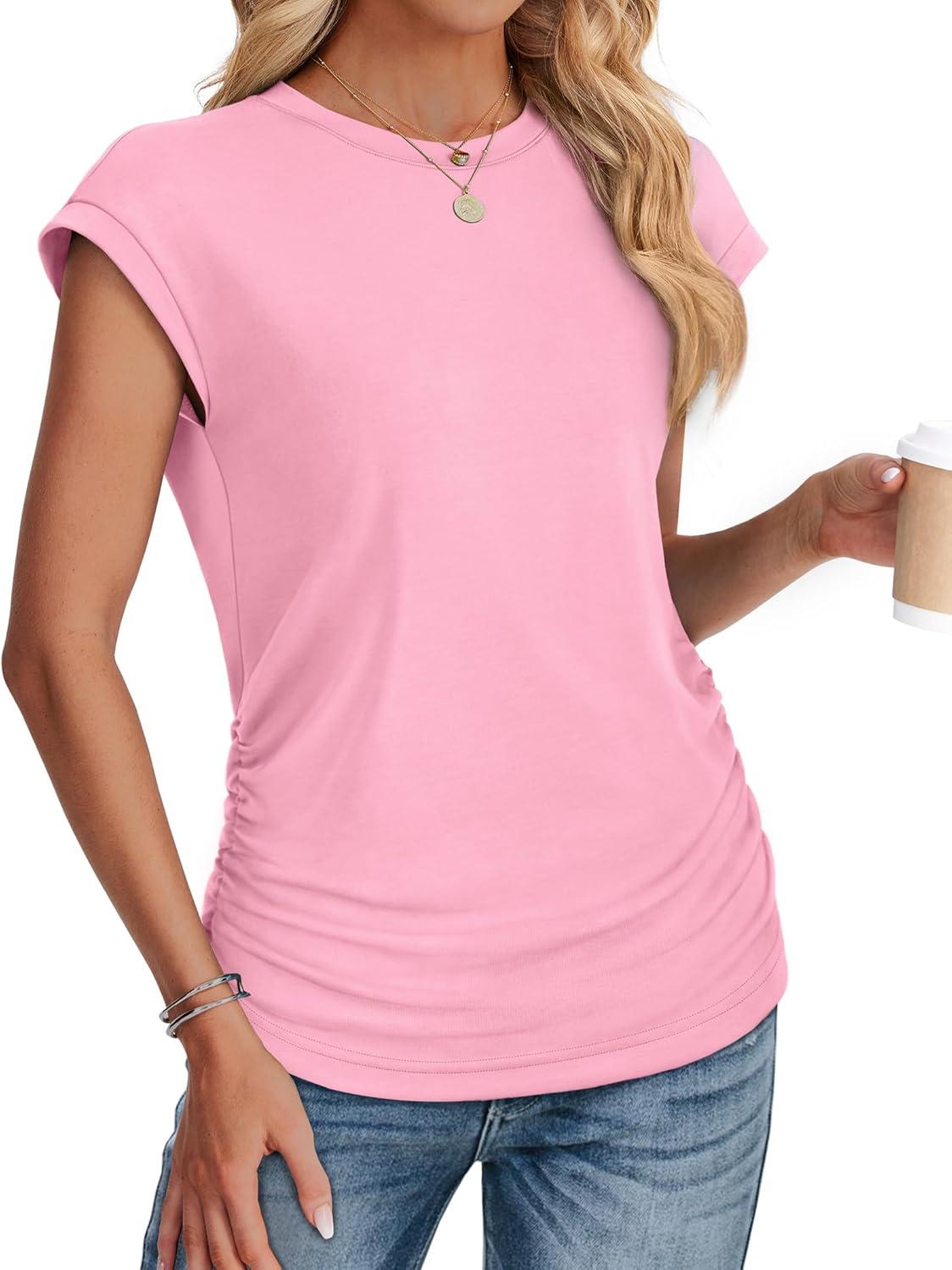 imageSAMPEEL Womens Summer Tops Trendy 2025 Ruched Cap Short Sleeve Tshirts Shirts Crew Neck T Shirts FashionPink