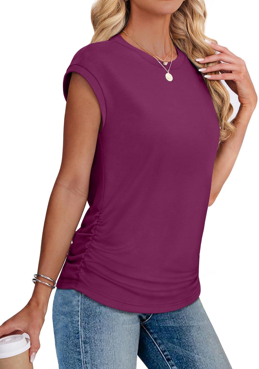 imageSAMPEEL Womens Summer Tops Trendy 2025 Ruched Cap Short Sleeve Tshirts Shirts Crew Neck T Shirts FashionPurple