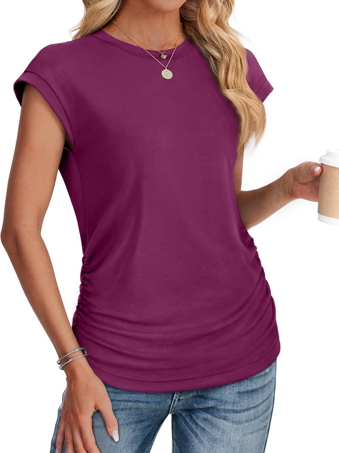 imageSAMPEEL Womens Summer Tops Trendy 2025 Ruched Cap Short Sleeve Tshirts Shirts Crew Neck T Shirts FashionPurple