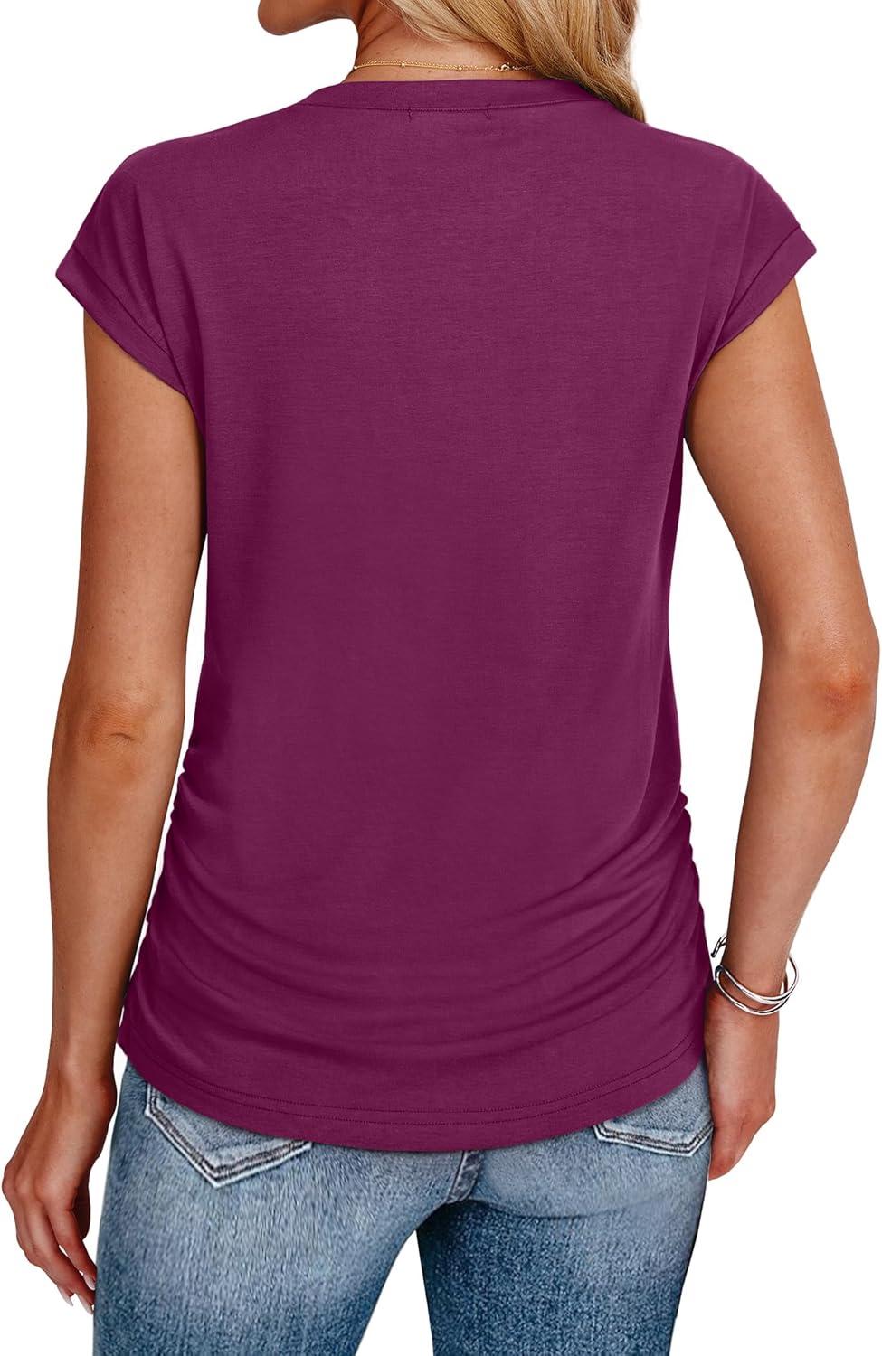 imageSAMPEEL Womens Summer Tops Trendy 2025 Ruched Cap Short Sleeve Tshirts Shirts Crew Neck T Shirts FashionPurple