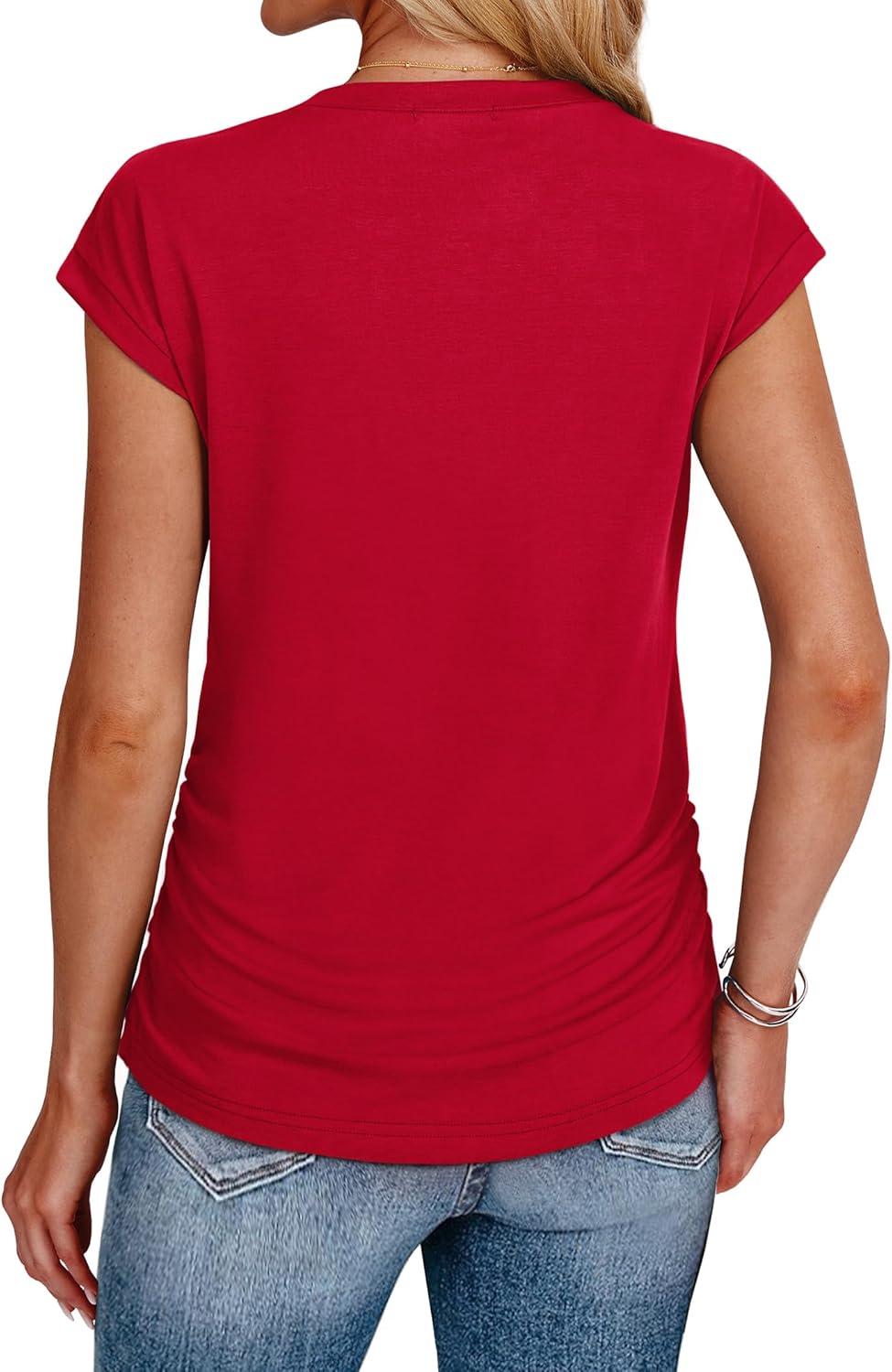imageSAMPEEL Womens Summer Tops Trendy 2025 Ruched Cap Short Sleeve Tshirts Shirts Crew Neck T Shirts FashionRed