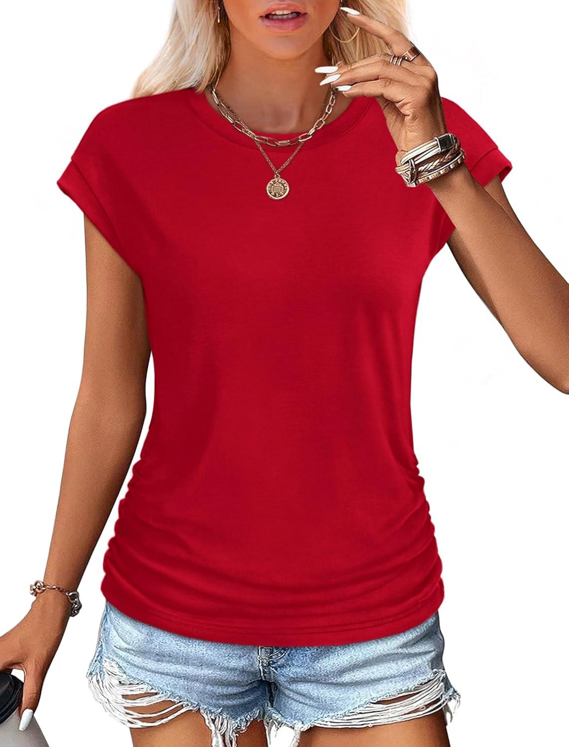 imageSAMPEEL Womens Summer Tops Trendy 2025 Ruched Cap Short Sleeve Tshirts Shirts Crew Neck T Shirts FashionRed