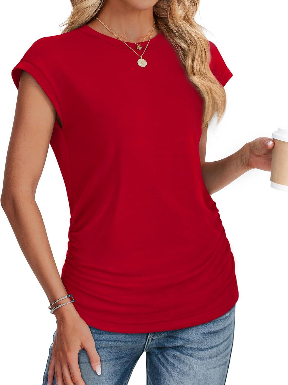 imageSAMPEEL Womens Summer Tops Trendy 2025 Ruched Cap Short Sleeve Tshirts Shirts Crew Neck T Shirts FashionRed