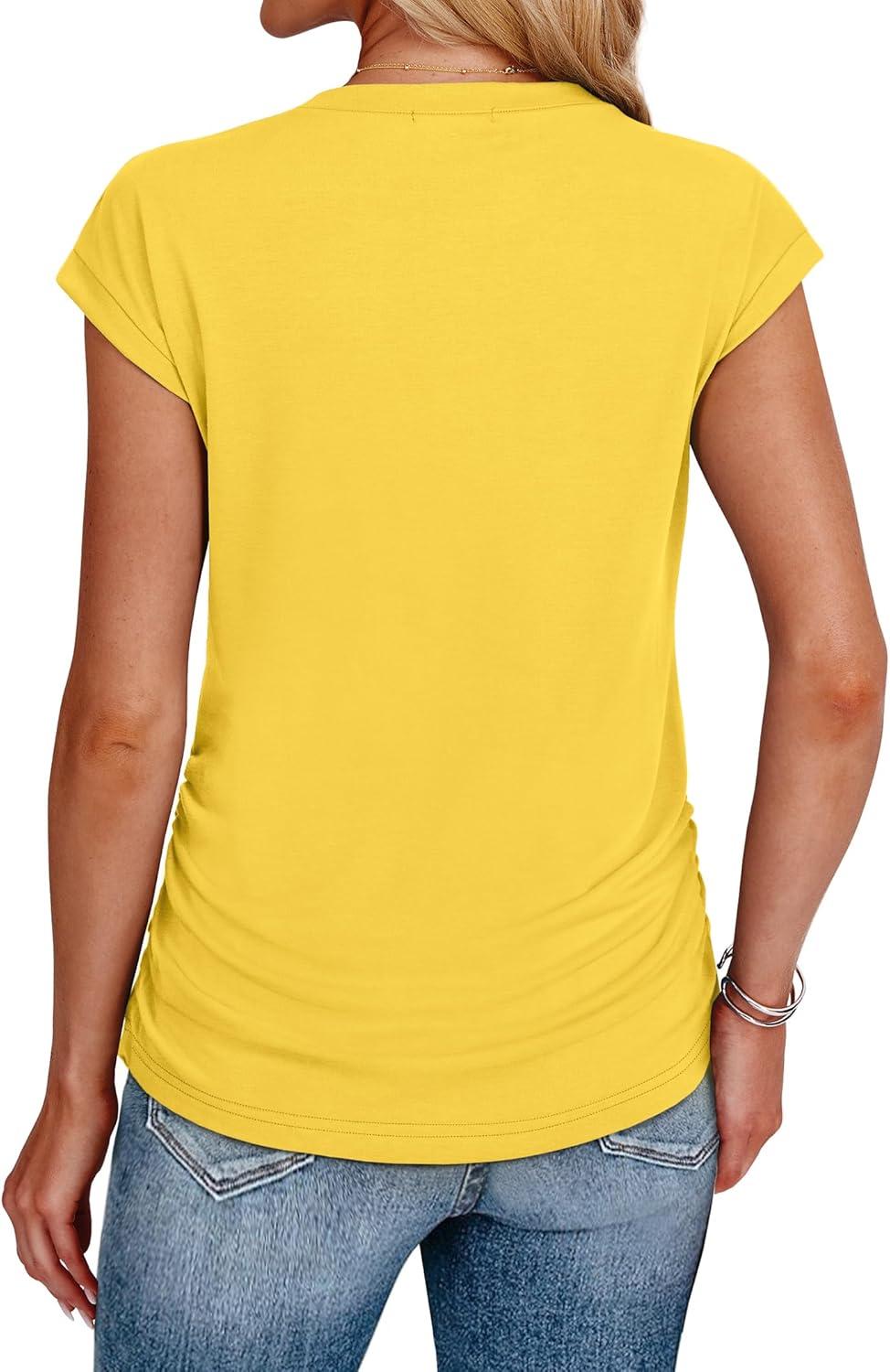 imageSAMPEEL Womens Summer Tops Trendy 2025 Ruched Cap Short Sleeve Tshirts Shirts Crew Neck T Shirts FashionSolid Yellow