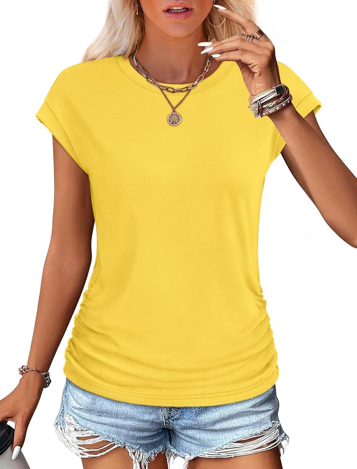 imageSAMPEEL Womens Summer Tops Trendy 2025 Ruched Cap Short Sleeve Tshirts Shirts Crew Neck T Shirts FashionSolid Yellow