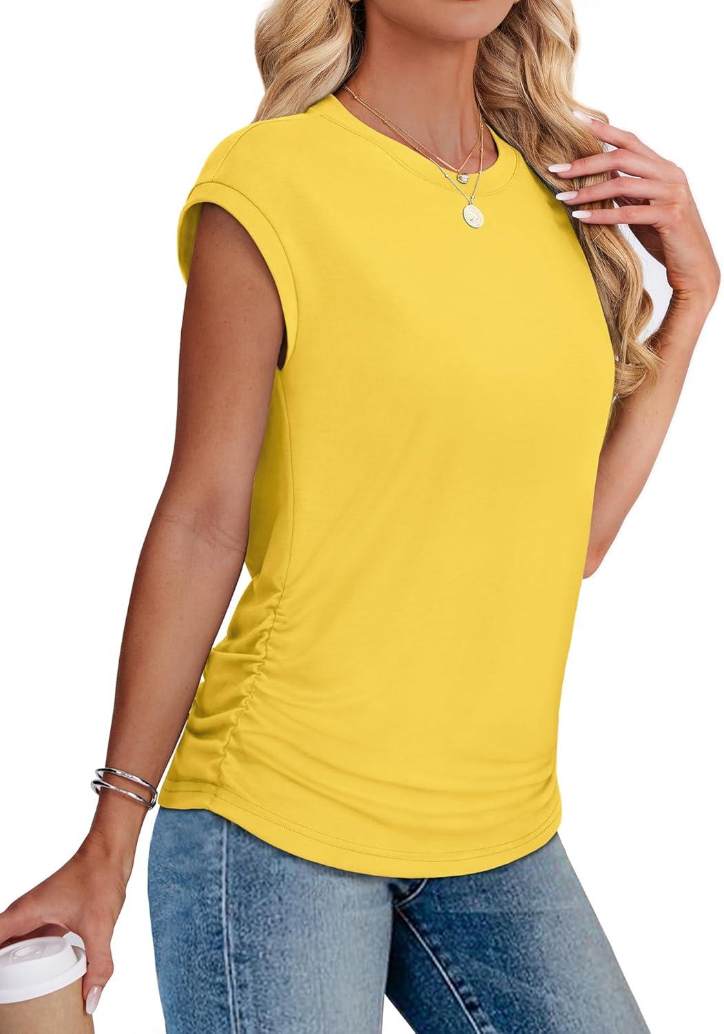 imageSAMPEEL Womens Summer Tops Trendy 2025 Ruched Cap Short Sleeve Tshirts Shirts Crew Neck T Shirts FashionSolid Yellow