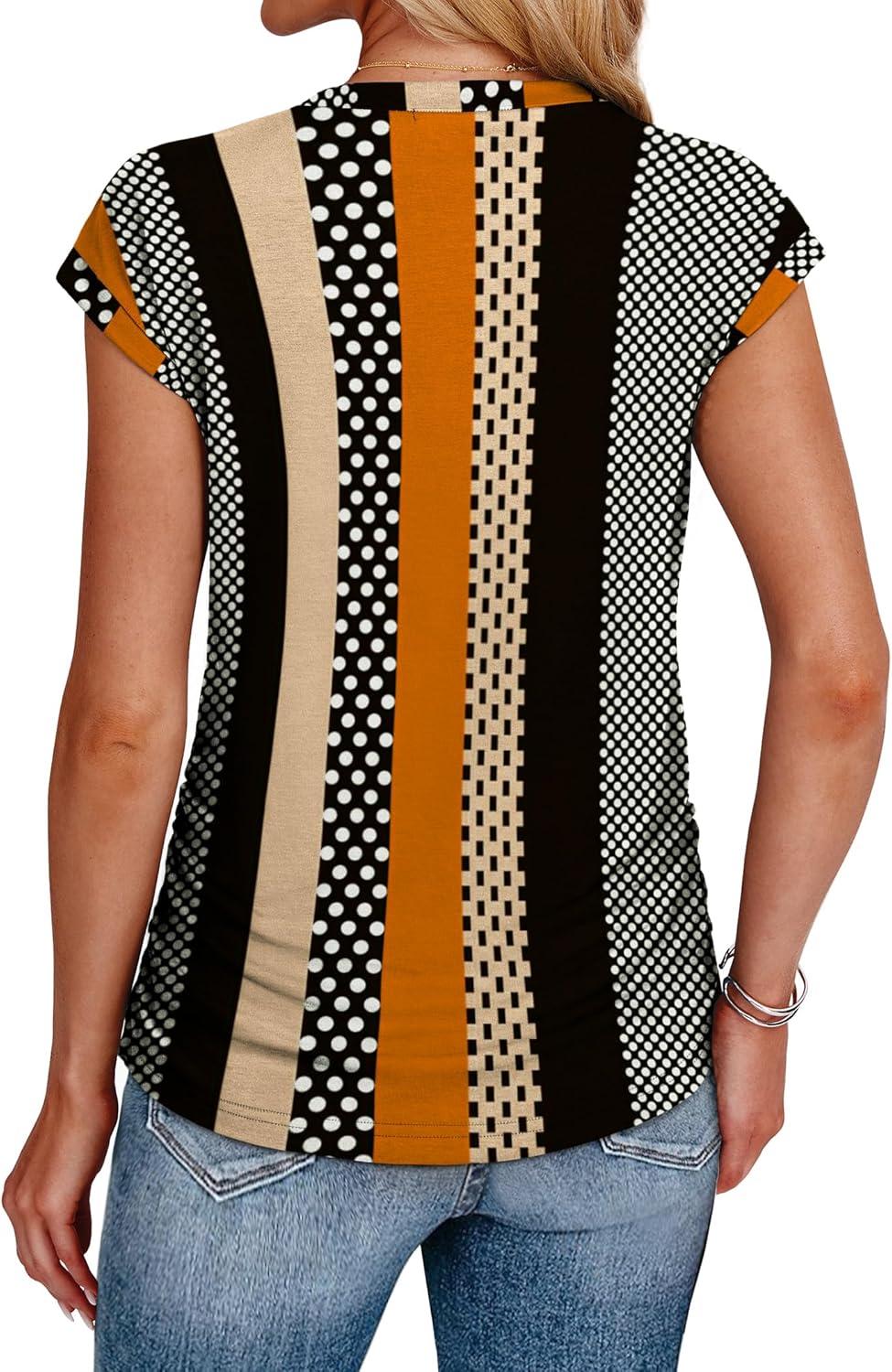 imageSAMPEEL Womens Summer Tops Trendy 2025 Ruched Cap Short Sleeve Tshirts Shirts Crew Neck T Shirts FashionStripe and Polka Dot