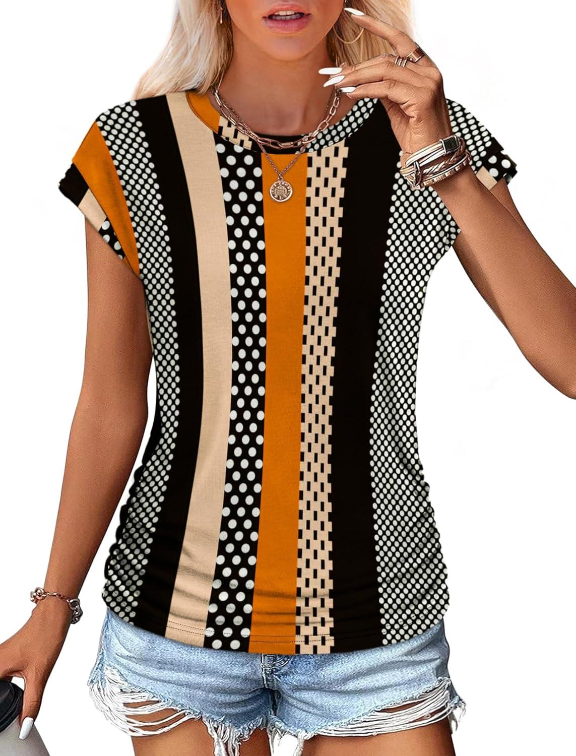 imageSAMPEEL Womens Summer Tops Trendy 2025 Ruched Cap Short Sleeve Tshirts Shirts Crew Neck T Shirts FashionStripe and Polka Dot