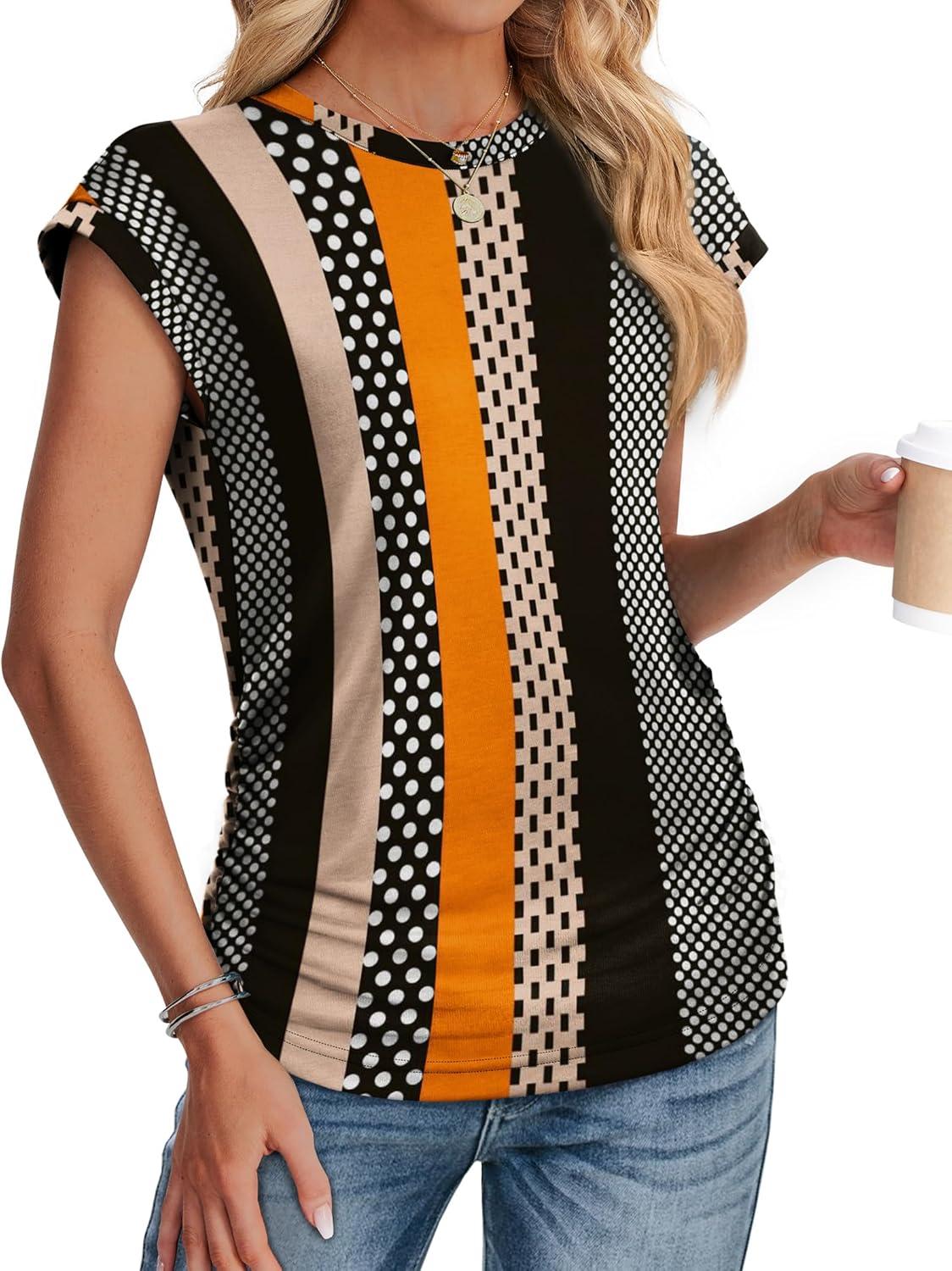 imageSAMPEEL Womens Summer Tops Trendy 2025 Ruched Cap Short Sleeve Tshirts Shirts Crew Neck T Shirts FashionStripe and Polka Dot