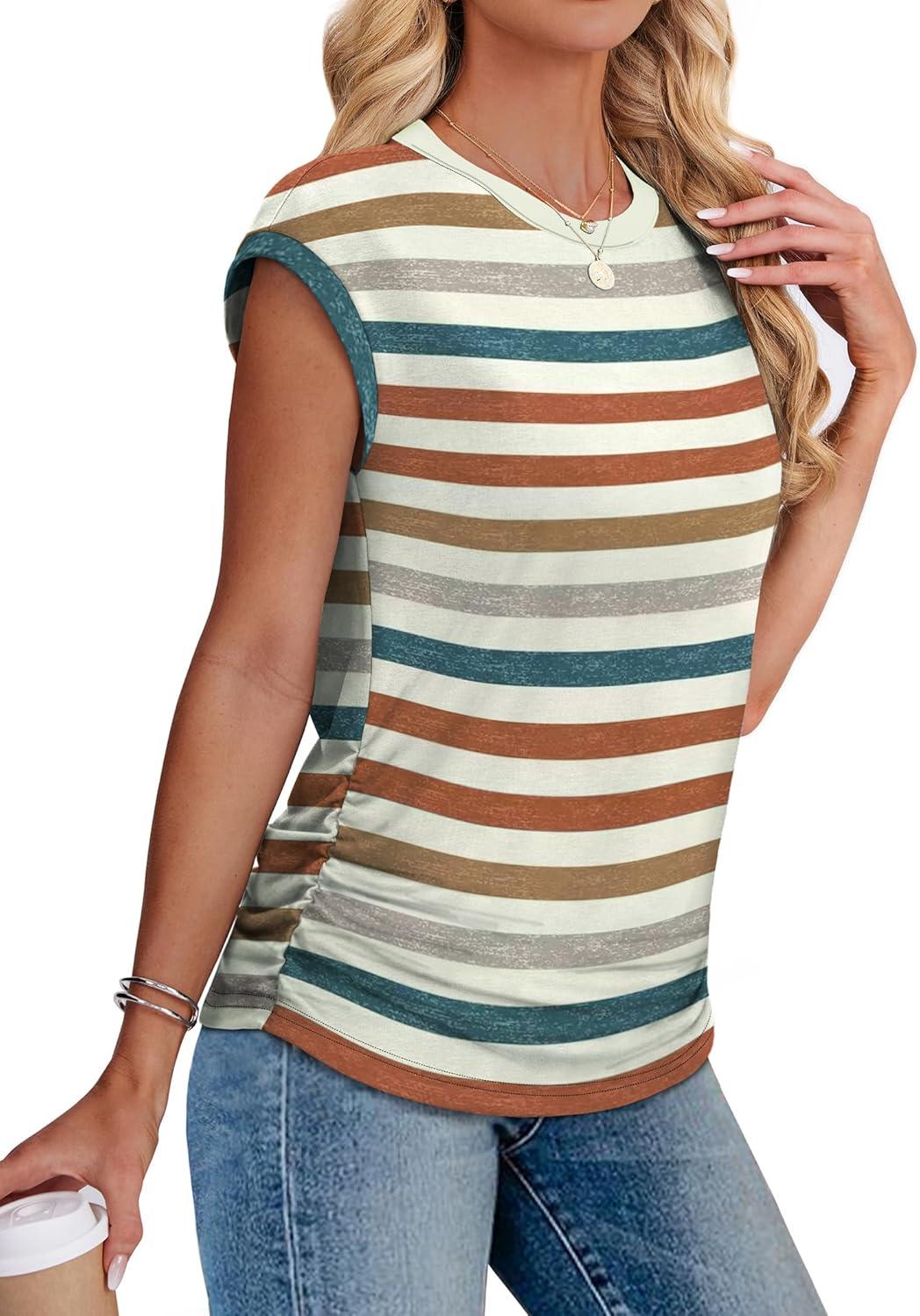 imageSAMPEEL Womens Summer Tops Trendy 2025 Ruched Cap Short Sleeve Tshirts Shirts Crew Neck T Shirts FashionStriped Orange