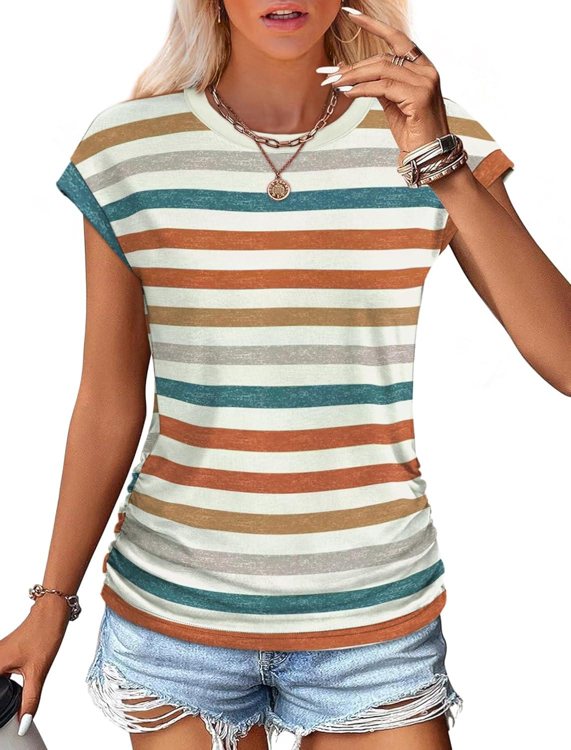 imageSAMPEEL Womens Summer Tops Trendy 2025 Ruched Cap Short Sleeve Tshirts Shirts Crew Neck T Shirts FashionStriped Orange