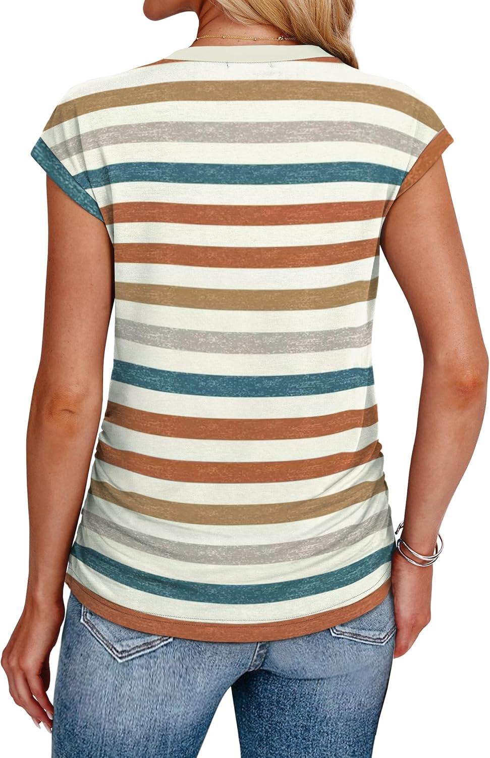 imageSAMPEEL Womens Summer Tops Trendy 2025 Ruched Cap Short Sleeve Tshirts Shirts Crew Neck T Shirts FashionStriped Orange
