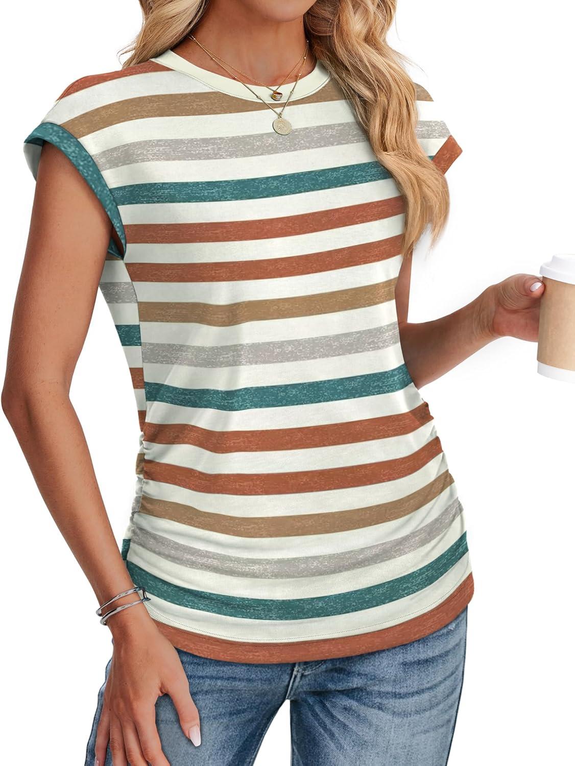 imageSAMPEEL Womens Summer Tops Trendy 2025 Ruched Cap Short Sleeve Tshirts Shirts Crew Neck T Shirts FashionStriped Orange
