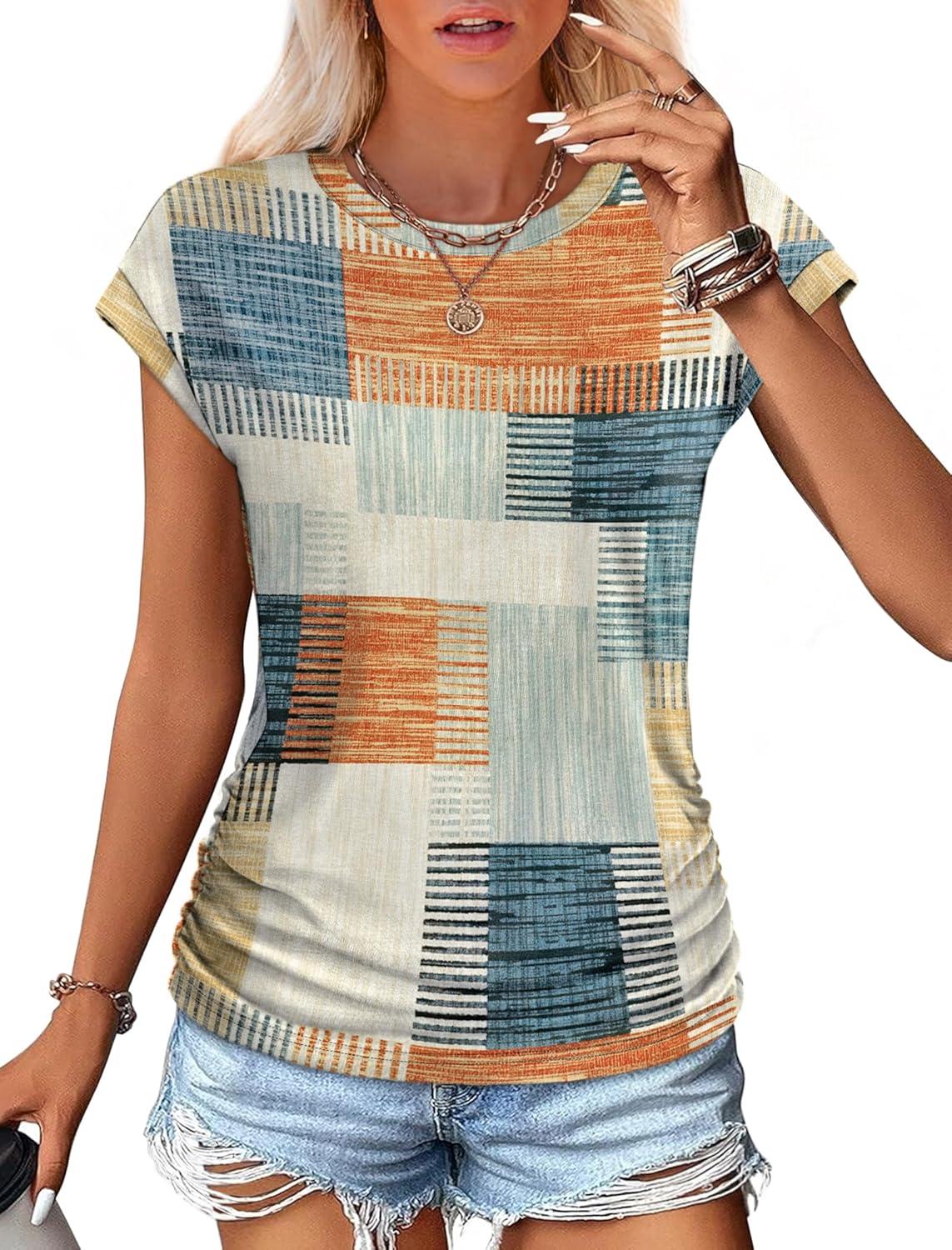 imageSAMPEEL Womens Summer Tops Trendy 2025 Ruched Cap Short Sleeve Tshirts Shirts Crew Neck T Shirts FashionStylish Plaid
