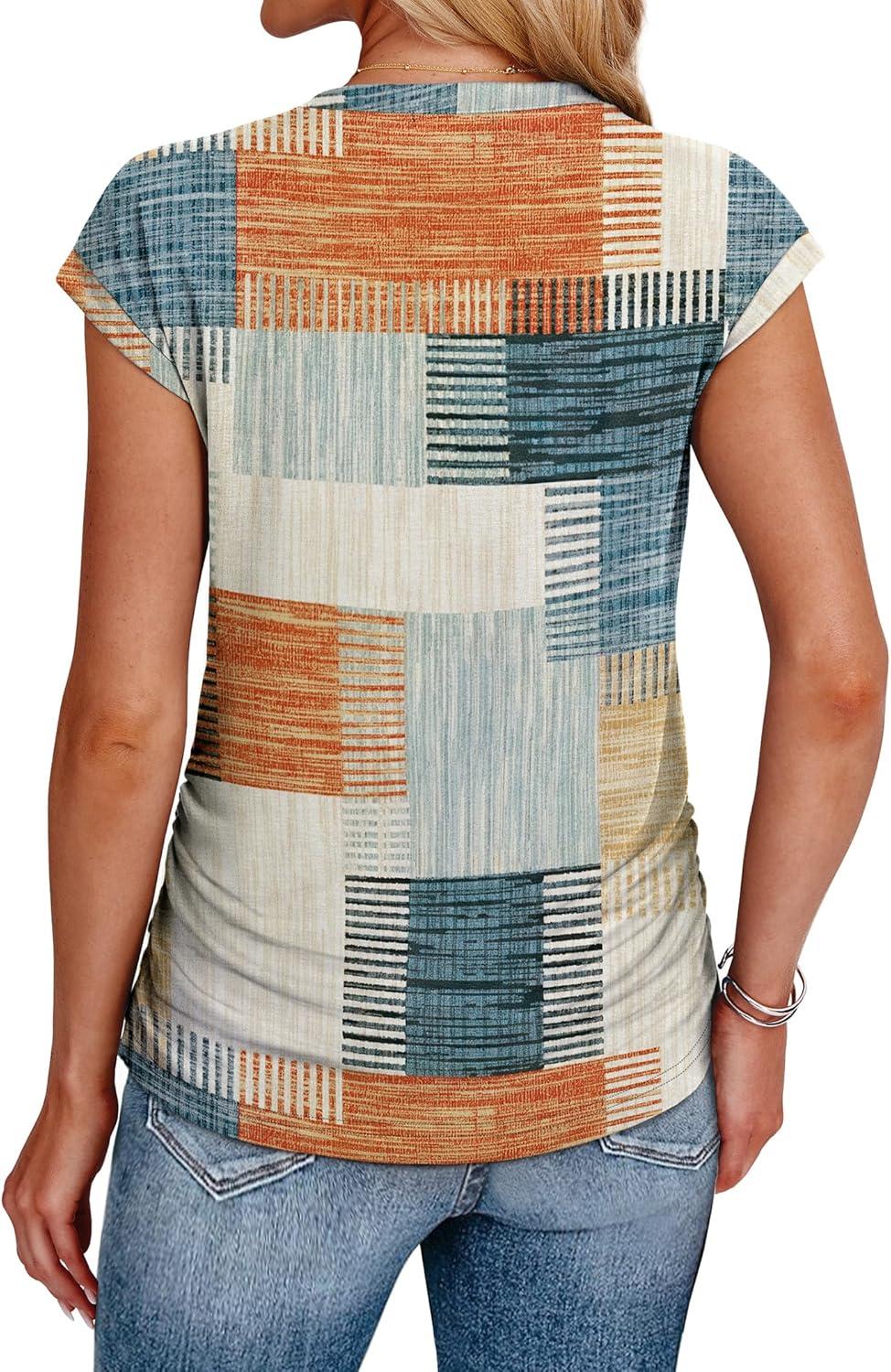 imageSAMPEEL Womens Summer Tops Trendy 2025 Ruched Cap Short Sleeve Tshirts Shirts Crew Neck T Shirts FashionStylish Plaid