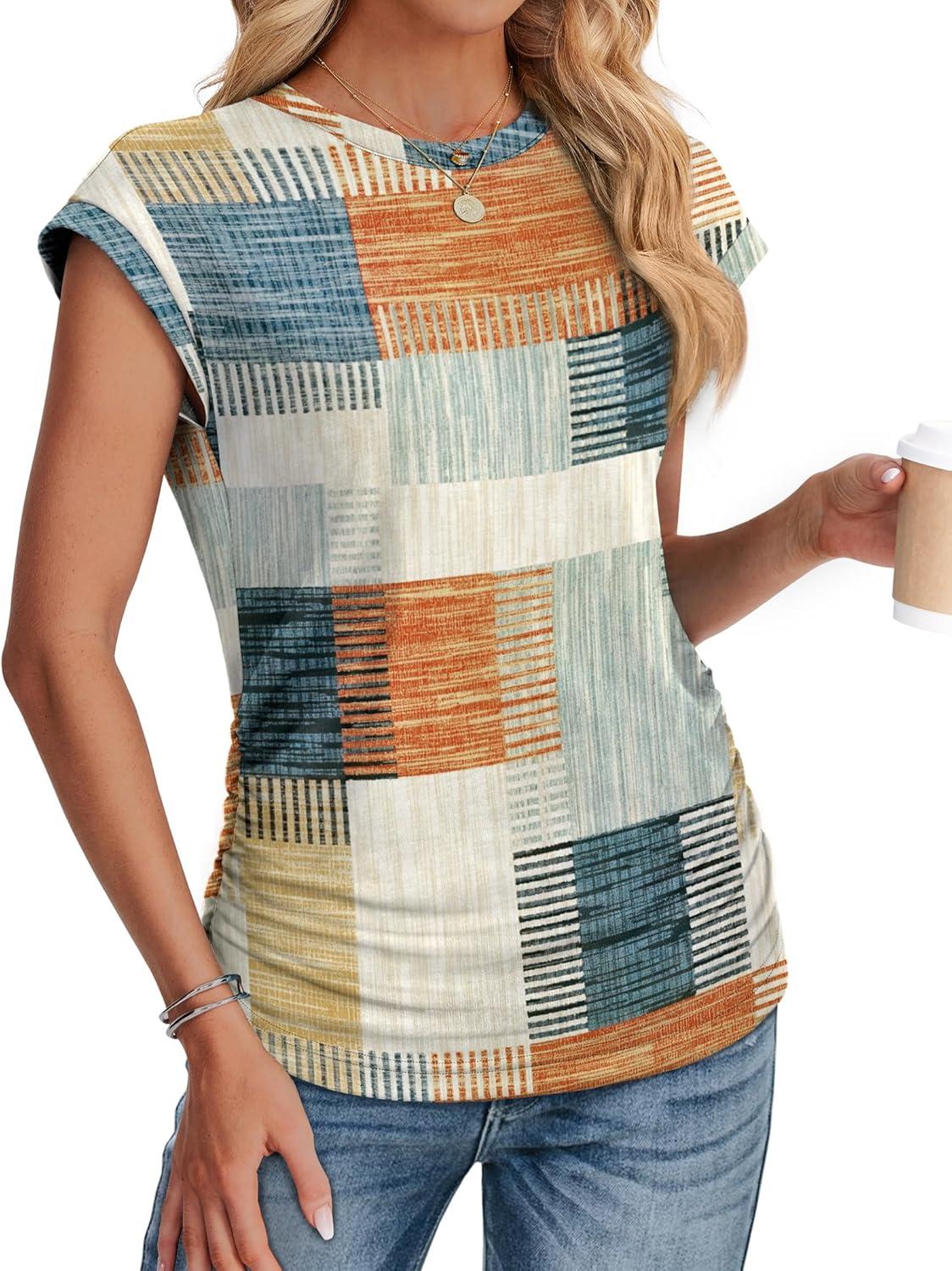 imageSAMPEEL Womens Summer Tops Trendy 2025 Ruched Cap Short Sleeve Tshirts Shirts Crew Neck T Shirts FashionStylish Plaid