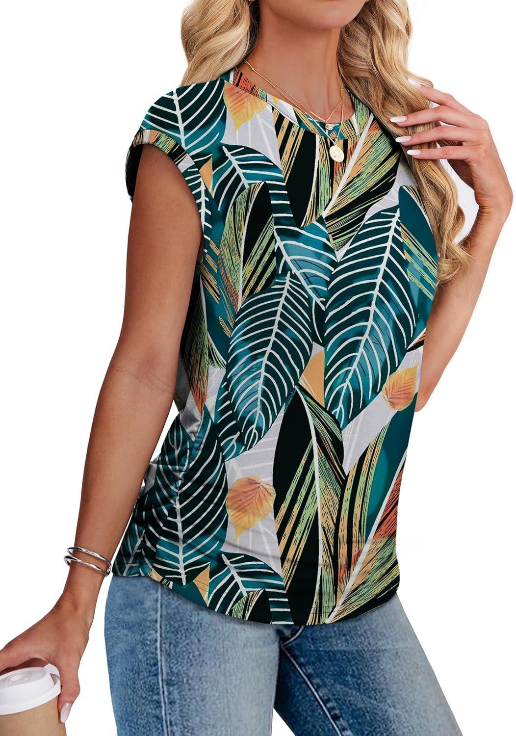 imageSAMPEEL Womens Summer Tops Trendy 2025 Ruched Cap Short Sleeve Tshirts Shirts Crew Neck T Shirts FashionTropical Palm Leaf