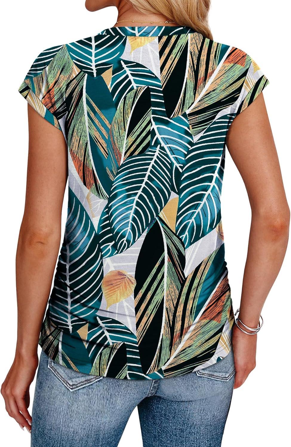 imageSAMPEEL Womens Summer Tops Trendy 2025 Ruched Cap Short Sleeve Tshirts Shirts Crew Neck T Shirts FashionTropical Palm Leaf