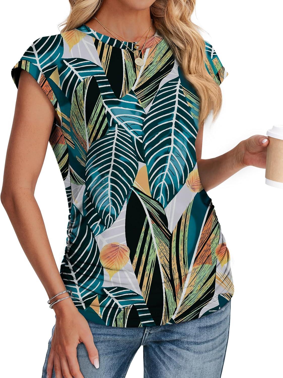 imageSAMPEEL Womens Summer Tops Trendy 2025 Ruched Cap Short Sleeve Tshirts Shirts Crew Neck T Shirts FashionTropical Palm Leaf