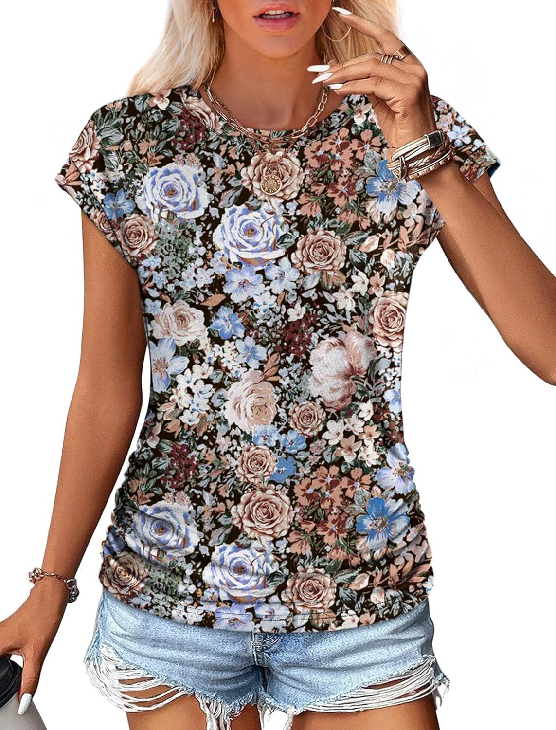 imageSAMPEEL Womens Summer Tops Trendy 2025 Ruched Cap Short Sleeve Tshirts Shirts Crew Neck T Shirts FashionUnique Floral Black